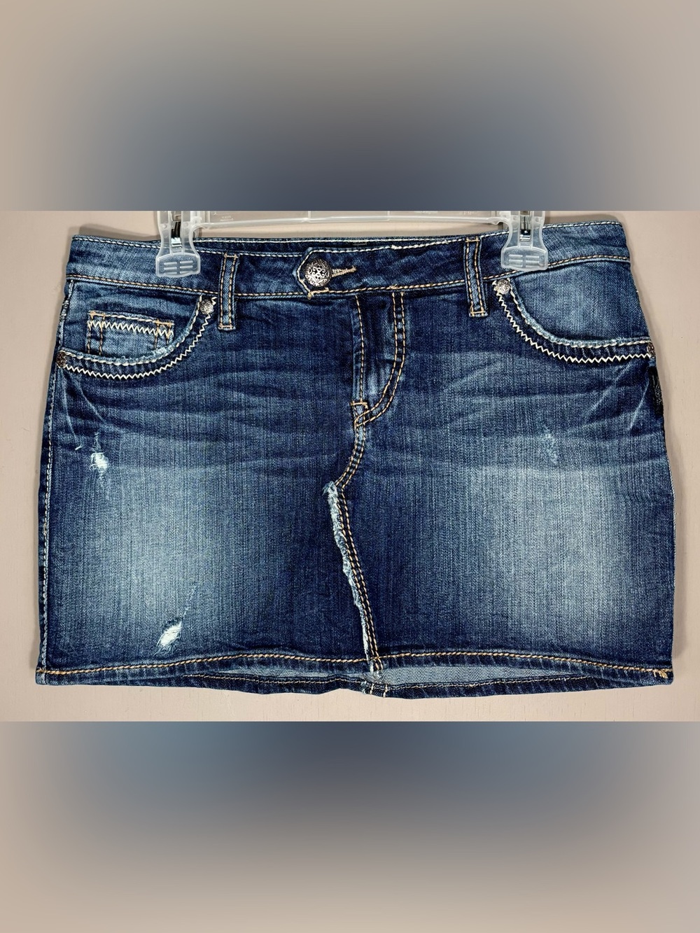 SILVER JEANS Dark Blue Distressed Denim Mini Skirt